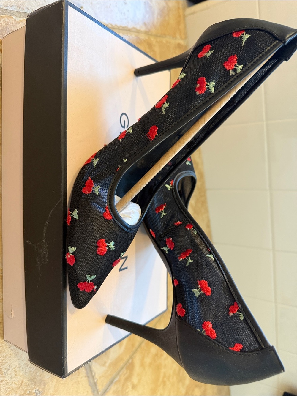 BCBGeneration Black Pointed Cherry Embroidered Stiletto Heels